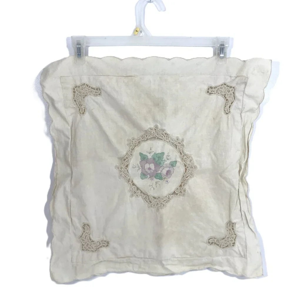 Vintage 70s Accent Pillow Cover Lace Needlepoint Floral Ruffle